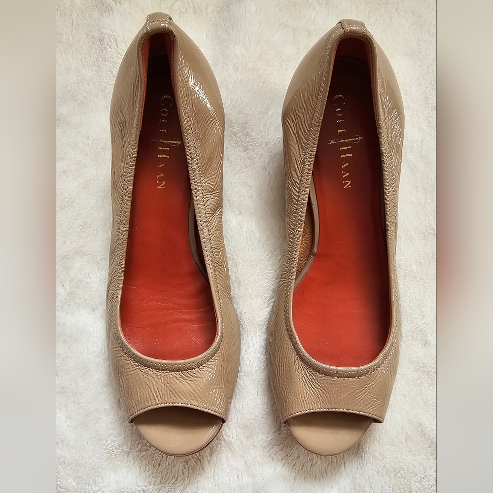Cole Haan x Nike Air Women's Patent Leather Tan Peep Toe Shoes sz 7B
